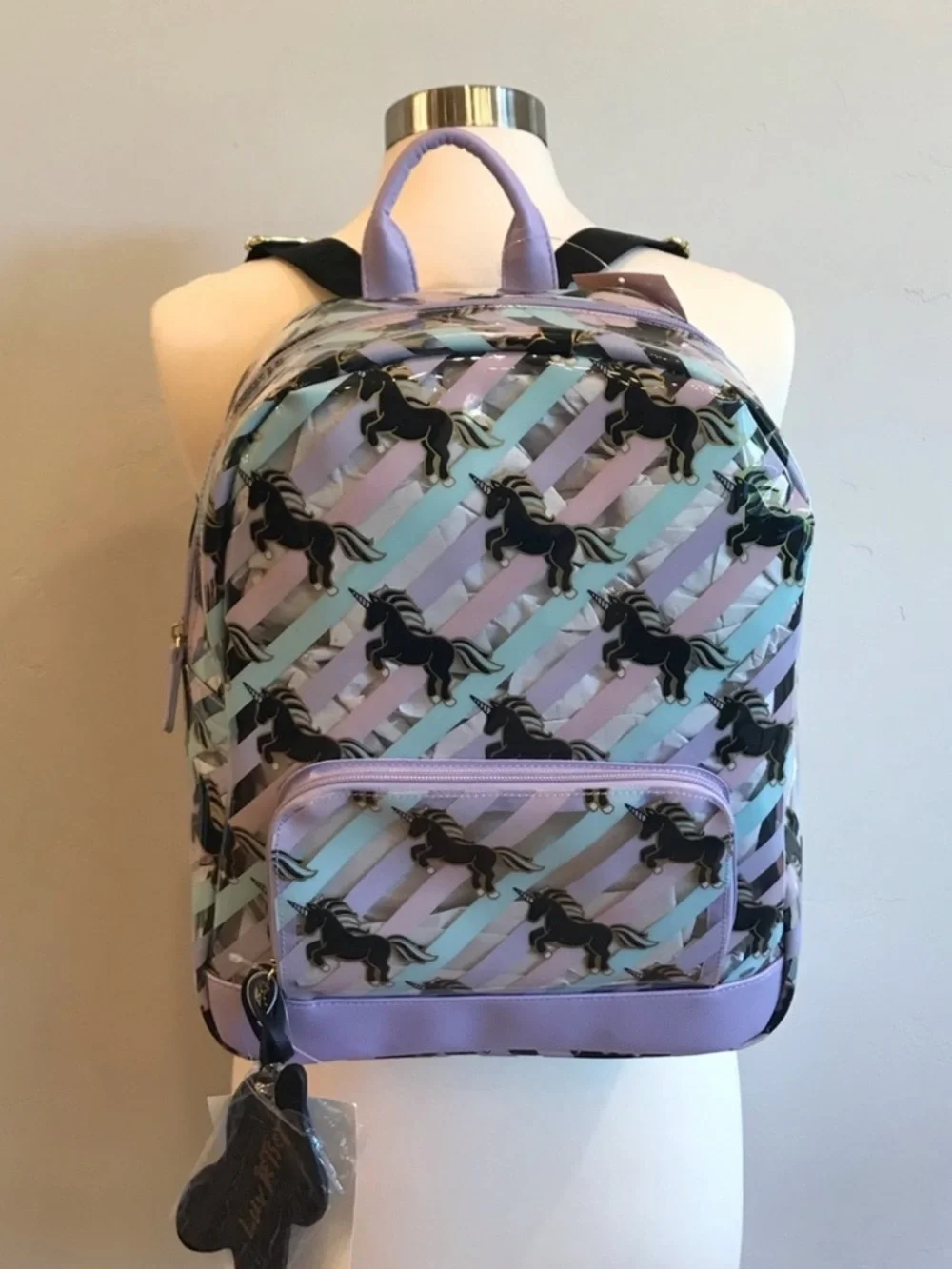 BETSEY JOHNSON Clear Striped Black Unicorn Horse Backpack